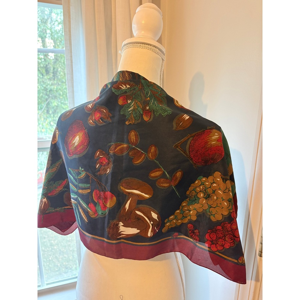 Vintage Harvest Botanical Square Scarf Navy Burgundy Mushroom Grape Print
